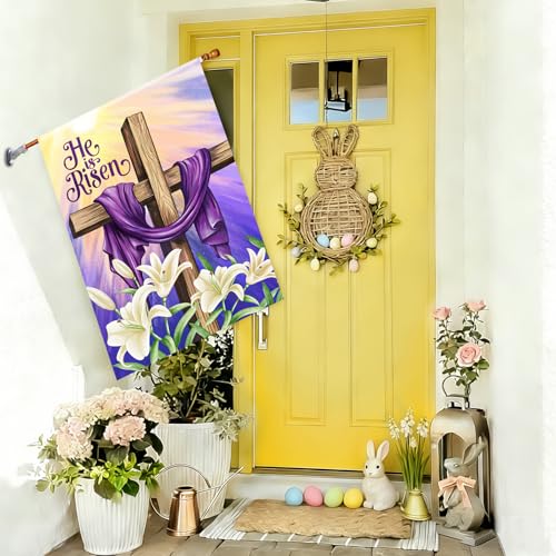 He is Risen Easter Christian House Flags 28x40 Double Sided Burlap, Religious Cross Spring Lily Flower Sign Large Flag Farmhouse Yard Outdoor Decoration DF701-28 - size: 28" X 40"