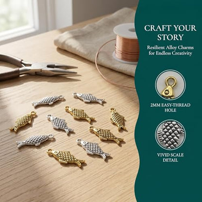 100Pcs Fish Charm Pendant, Antique Gold & Antique Silver Alloy Sea Animal Fish Shape for Jewelry Making DIY Necklace Bracelet Earring Craft Supplies