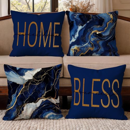 OBSEDE Blue Gold Marble Home Bless Throw Pillow Covers 18x18 in Set of 4 - color: Blue Marble With Faith Quotes, size: 18" x 18" (Pack of 4)