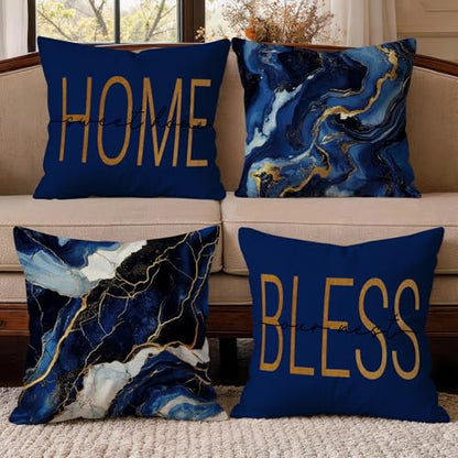 OBSEDE Blue Gold Marble Home Bless Throw Pillow Covers 18x18 in Set of 4 - color: Blue Marble With Faith Quotes, size: 18" x 18" (Pack of 4)