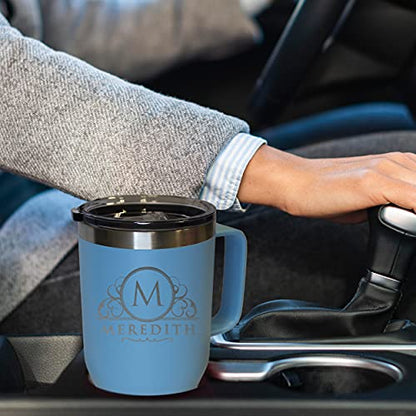 The Wedding Party Store Custom Personalized 20 oz Stainless Steel Powder Coated Vacuum Insulated Double Walled Travel Tumbler Coffee Mug with Handle and Lid (Carolina Blue) - color: Carolina Blue