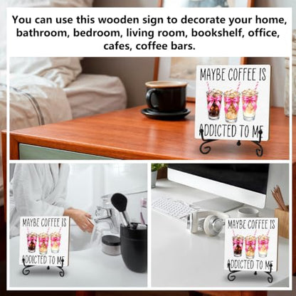 Coffee Bar Sign, Coquette Pink Bow Coffee Wooden Plaque With Iron Stand - color: Iced Coffee