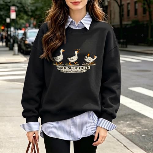 Silly Goose Christian Sweatshirts for Women Walking by Faith Tripping Constantly Sweatshirt Cute Graphic Crewneck - color: Black, size: Large