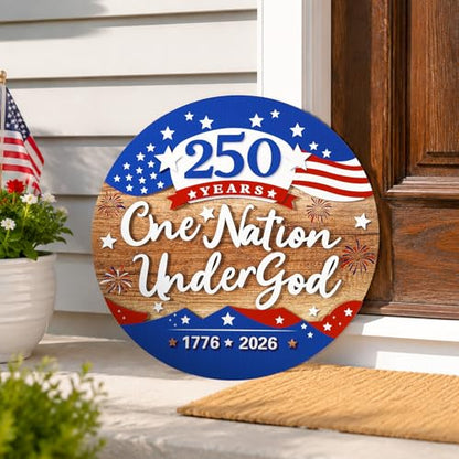 JarThenaAMCS 250th Anniversary Welcome Door Sign Patriotic 3D Wooden Hanging Sign American Flag Fireworks Round Door Hanger for 4th of July Independence Memorial Day Home Wall Decorations, 12 Inch - style: American Flag