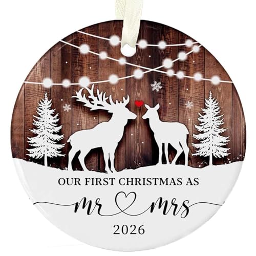 Our First Christmas Ornament 2026, Just Married as Mr & Mrs, First Year Newlywed 2.9" Ceramic Round Ornament, Wedding Decoration for Couple - color: Mr & Mrs