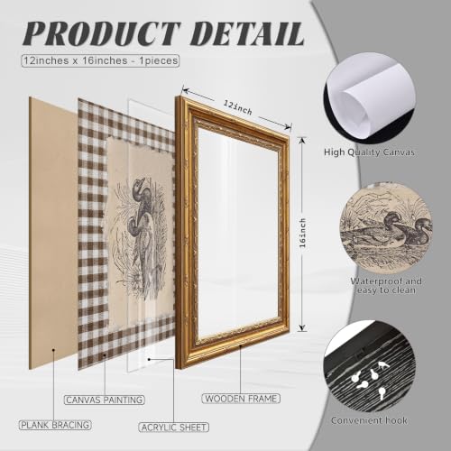Vintage Duck Wall Art Cottage Core Farmhouse Canvas Room Decor Rustic Gingham Print Vintage Country Pictures Sketch Duck Painting Cottagecore Animal Artwork for Living Room Bedroom 12x16 Inch Gold Framed - color: Swimming Duck Prints, size: 12x16 Inch Gol