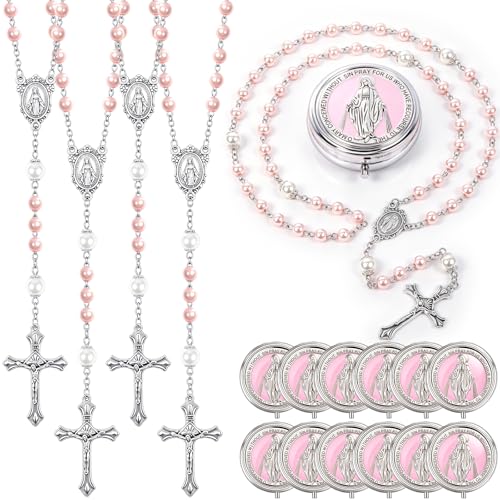Jadive 24 sets Catholic Rosary Necklace, 6mm Glass Pearl Beads 8mm Our Father Bead Metal Gift Box for Women Men Prayer Gift - color: Pink