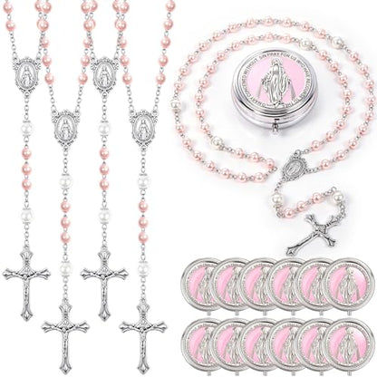 Jadive 24 sets Catholic Rosary Necklace, 6mm Glass Pearl Beads 8mm Our Father Bead Metal Gift Box for Women Men Prayer Gift - color: Pink