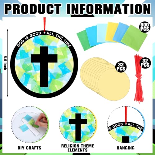Motipuns 32 Sets Cross Suncatcher Craft Kit, 5.9 Inch VBS Tissue Paper - style: Vbs Cross