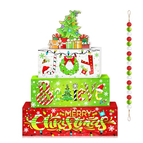 Britimes Christmas Tiered Tray Decor Set, 4 Pack, Wooden Table Sign Holiday - color: Joy Tree