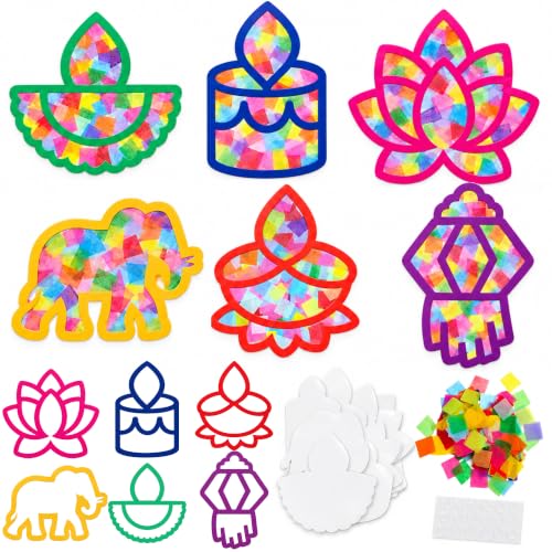 Cinrobiye 24 Sets Diwali Craft Kits, DIY Lotus Flower Suncatchers for Festival of Lights, Tissue Paper Art Craft Diwali Party Favors for Indian Temple Sunday School Classroom Activities - style: Diwali2