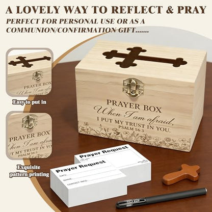 Prayer Box with Slot,100 Catholic Prayer Request Cards-Pen and Cross Jewelry Gifts,Used for Daily in Church Worship and Religious Devotions,Christian First Communion Gifts. (100)