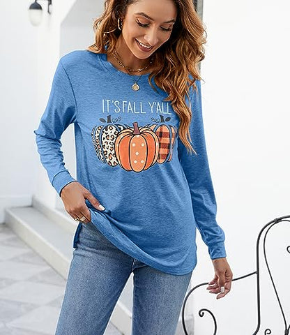 Womens Pumpkin Graphic Sweatshirts Crewneck Casual Fall Long Sleeve Tops - color: Blue, size: X-Large