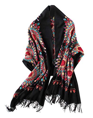 Urban CoCo Embroidered Scarf for Women, Tassel Shawl, Soft Lightweight Wrap - color: Black