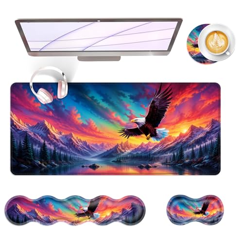Large Keyboard Mouse Pad Set, Extended Mouse Pad+Keyboard Wrist Rest Support, Memory Foam Ergonomic Easy Typing, 4Pcs (31.5×11.8 in) Desk Pad Set for Office Home,Beautiful Bald Eagle Flying - color: Beautiful Bald Eagle Flying-2-22