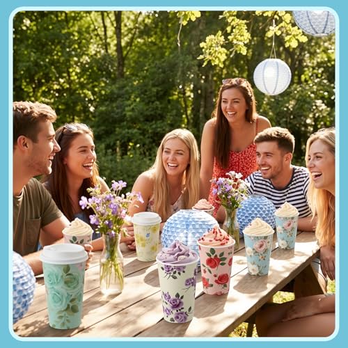 50 Pack 16 oz Disposable Coffee Cups with Lids Floral - style: Floral