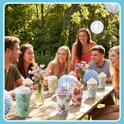 50 Pack 16 oz Disposable Coffee Cups with Lids Floral - style: Floral