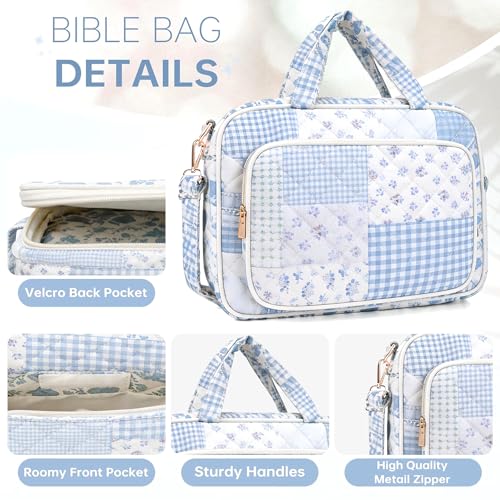 Bible Cover Case for Women Bible Study Supplies Christian Gifts for Women Church Camp Essentials Christian Bible Journaling Kit Quilted Large Bible Cover (Spliced Blue Flower, Large) - color: Spliced Blue Flower