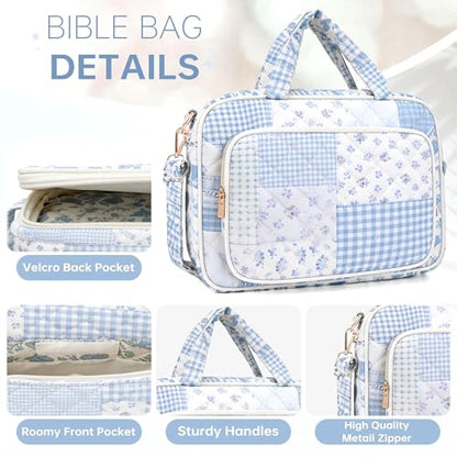 Bible Cover Case for Women Bible Study Supplies Christian Gifts for Women Church Camp Essentials Christian Bible Journaling Kit Quilted Large Bible Cover (Spliced Blue Flower, Large) - color: Spliced Blue Flower
