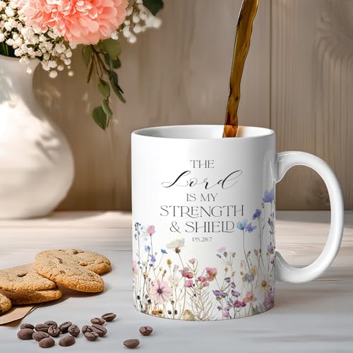 Christian Gifts for Women Ceramic Coffee Mug, Religious Gifts, Inspirational Scripture Coffee&Tea Mug, Bible Verse: The Loved is My Strength, Microwave and Dishwasher-safe (White-Little Flower)