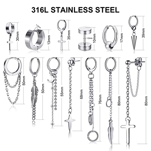 20 Pieces Men Earrings Set - Black Stainless Steel Chain Hoop Earrings Cross Moon and Star Dangle Earrings Piercing Jewelry for Men Women - color: Silver