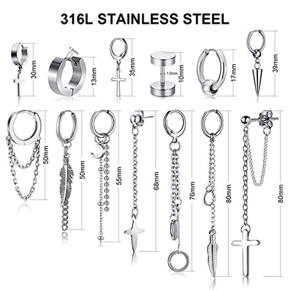 20 Pieces Men Earrings Set - Black Stainless Steel Chain Hoop Earrings Cross Moon and Star Dangle Earrings Piercing Jewelry for Men Women - color: Silver