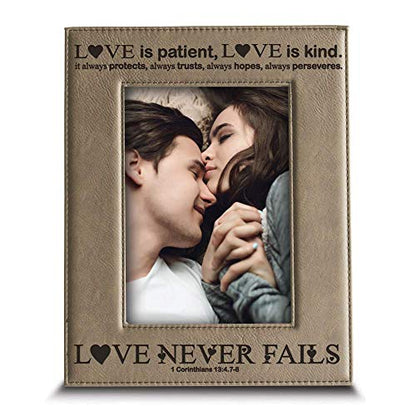 BELLA BUSTA -Love Never Fails-1 Corinthians (bible verse)-Anniversary for Her, Him-Valentines Day- Engraved Leather Picture Frame (5 x 7 Vertical) - size: 5 x 7 Vertical