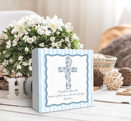 SRADMO Coastal Beach Seashell Cross Christian Wood Box Sign Desk Decor, Psalm 93:4 Bible Verse Religious Ocean Theme Wooden Block Box Sign Decoration for Church Home Office Shelf Table Decor
