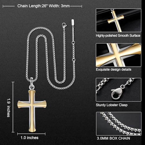 Stainless Steel Cross Necklace for Men with Adjustable Box Chain Christian Cross neckalce Gift - color: Silver-Gold