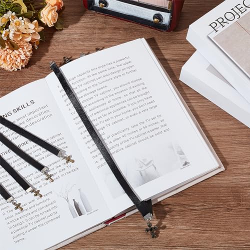 FINGERINSPIRE 2 Pcs Leather Bookmark 13.9x0.4 inch Cowhide Leather Bible Bookmarks with 4 Ribbon Book Mark with Alloy Cross Pendant Black Christian Leather Bookmark for Women Men Book Lovers - color: Cross Pendant