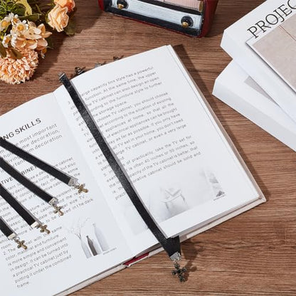FINGERINSPIRE 2 Pcs Leather Bookmark 13.9x0.4 inch Cowhide Leather Bible Bookmarks with 4 Ribbon Book Mark with Alloy Cross Pendant Black Christian Leather Bookmark for Women Men Book Lovers - color: Cross Pendant