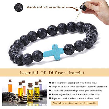 FORUBUS Lava Rock Stone Beaded Bracelet, Cross Charm Natural Volcanic Stone beads Turquoise Stretch Bracelet for Women Men Religion Jewelry Pray Baptism Gift - color: A 2pcs black lava