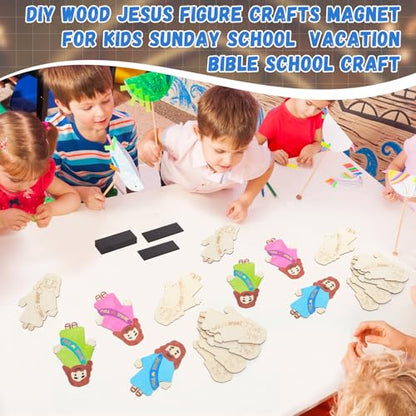 Blueweenly 24 Sets Sunday School Craft Wood Jesus Magnet Kit for DIY