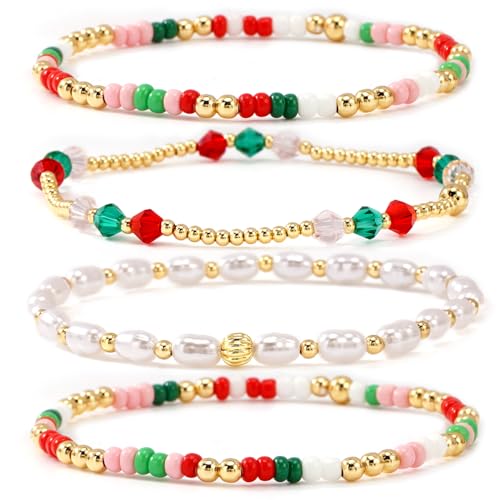 Gold Beaded Bracelets Stack for Women Stackable 14K Gold Plated Beads Ball Cross Bracelet Boho Christian Jewelry Faith Friendship Birthday Gifts for Women - color: Red Green White