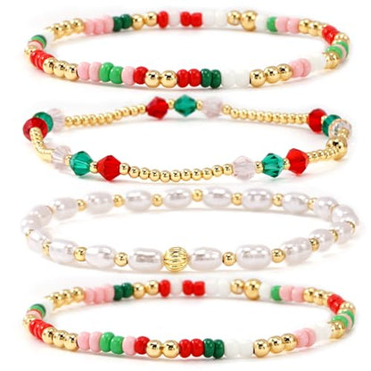 Gold Beaded Bracelets Stack for Women Stackable 14K Gold Plated Beads Ball Cross Bracelet Boho Christian Jewelry Faith Friendship Birthday Gifts for Women - color: Red Green White