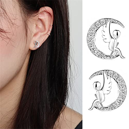 Silver Angel Wing Earrings for Women, Cute Moon Studs