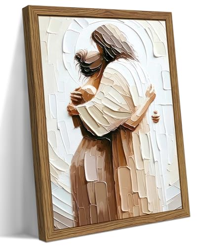 Wood Framed Jesus Embracing Woman Canvas Wall Art, Safe in His Arms Pictures Canvas Print Posters Wall Decor, Christian Wall Art Home Decor for Living & Prayer Room 24x36 inch - color: Wood Framed Jesus Protects, size: 36"L x 24"W
