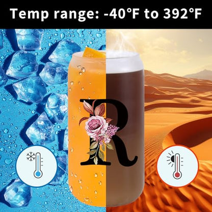 Monogrammed Glass Drinking Cup With Lid Straw Women Happy Birthday Christmas Xmas Day Holiday for Female Boss Teacher Aunt Big Gift Small Sister in Law Mother Stepmother Weding Groom Bride Officiant,R - style: Letter R