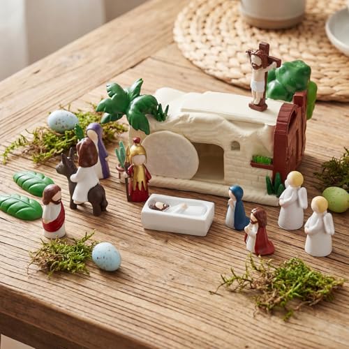 Novabright 14 Pcs Religious Easter Decorations Tells The Story of Easter, Resin Jesus Resurrection Scene Empty Tomb Holy Week Gifts He is Risen Storytelling Figurines for Christian Table Centerpiece