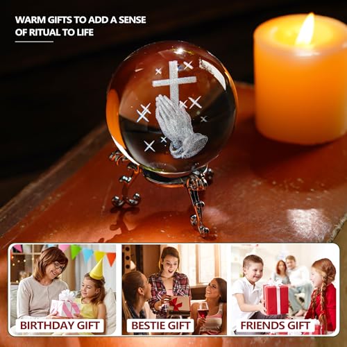 2.3in Praying Hands Cross Crystal Ball with Stand Christian Gift Decor - style: Prayer Cross