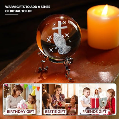 2.3in Praying Hands Cross Crystal Ball with Stand Christian Gift Decor - style: Prayer Cross
