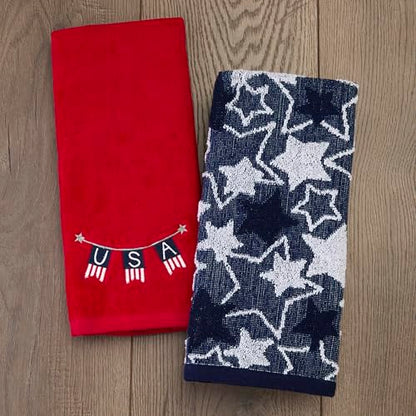 SKL Home Seasonal Stars Hand Towel Set-2pc, 100% Cotton Jacquard, Navy - color: Seasonal Stars