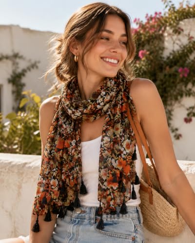 YOUR SMILE Large Boho Scarf for Women Lightweight Floral Printed Scarves Fall Winter Fashion Fringed Shawl wraps - color: 39