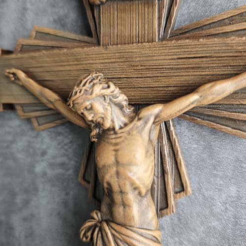 BC Catholic Crucifix Wall Cross, Jesus Christ Home Decor, Wood Carve Looking, 12"H, Hand Painted by Buildclassic - color: Wooden