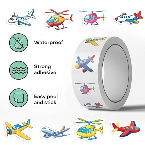 1000 Pieces Airplane Sticker Roll for Kids, 10 Styles Cartoon Stickers - style: Airplane