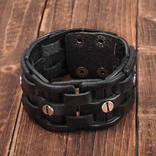 Zysta Cool Punk Rocker Wide Cuff Wristband Bracelet Mens Gothic Biker Braided Style Genuine Leather Bangle 8.5"-9" Adjustable Black/Brown - color: Black