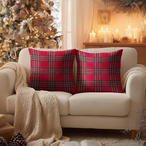 HOMETITUTE Set of 2 Christmas Red Plaid Throw Pillow Covers 18x18 Inch - color: Christmas Throw Pillow Covers #02