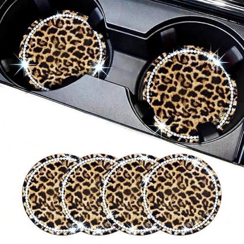 Leopard Car Coasters for Cup Holders, 4 Pack Silicone Cheetah Car Cup Holder Insert Coasters, 2.75" Universal Non-Slip Cup Holder Coaster, Car Interior Accessories for Women (Yellow) - color: Yellow