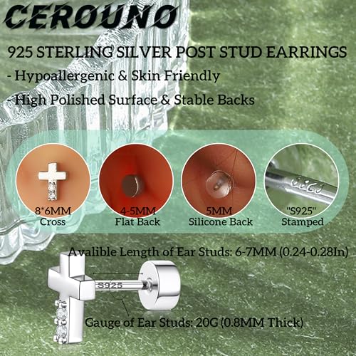 CEROUNO Flat Back Stud Earrings - 925 Sterling Silver Post Flatback Earrings Gold Silver Cubic Zirconia Earrings Studs for Women - color: Silver Cross