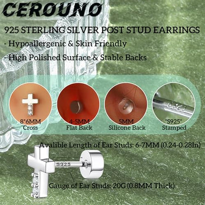 CEROUNO Flat Back Stud Earrings - 925 Sterling Silver Post Flatback Earrings Gold Silver Cubic Zirconia Earrings Studs for Women - color: Silver Cross